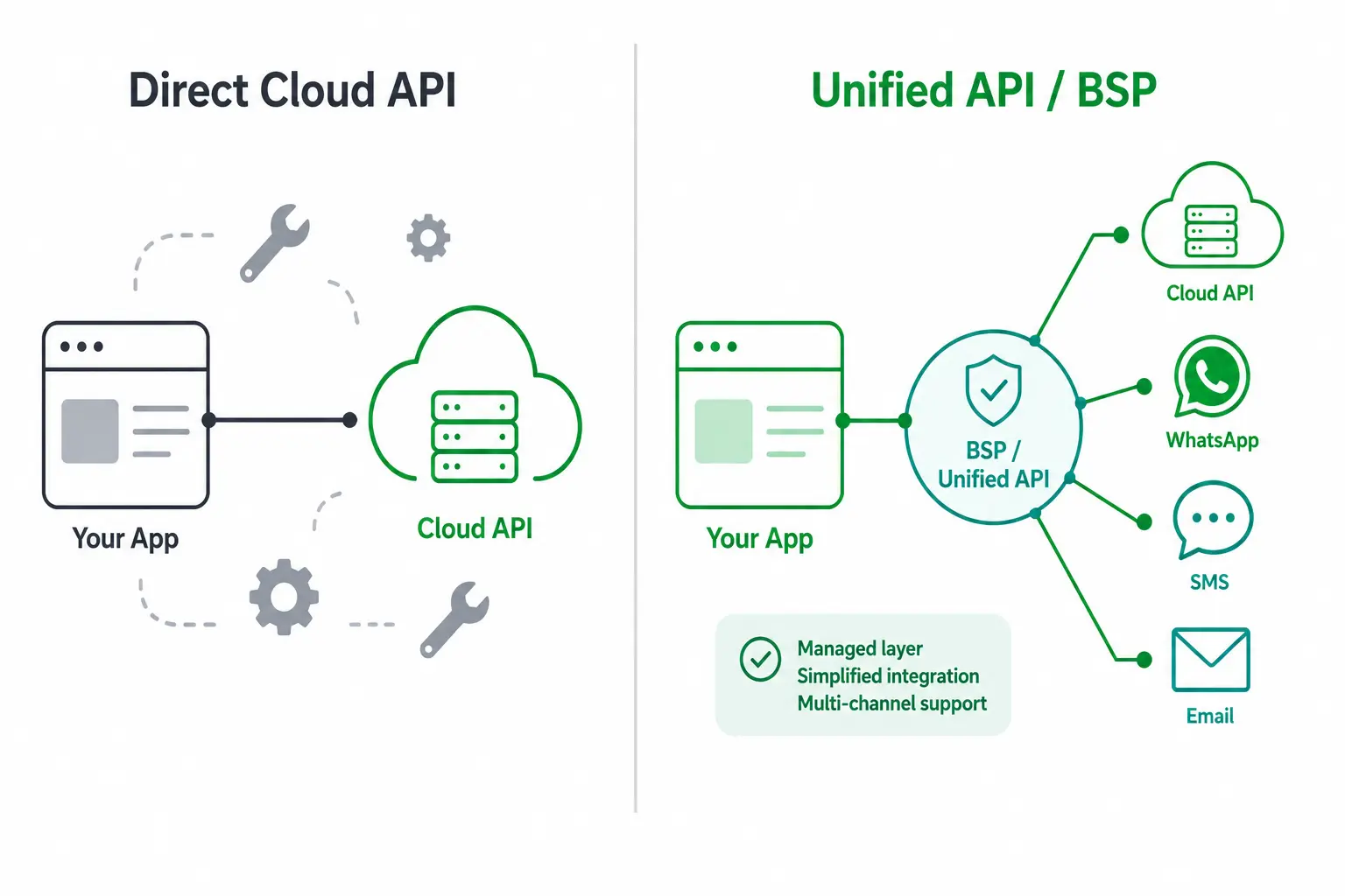 Comparison of WhatsApp Business API integration paths: a direct Cloud API integration where your app talks straight to Meta, versus a Unified API or BSP that sits in front of multiple channels as a managed layer