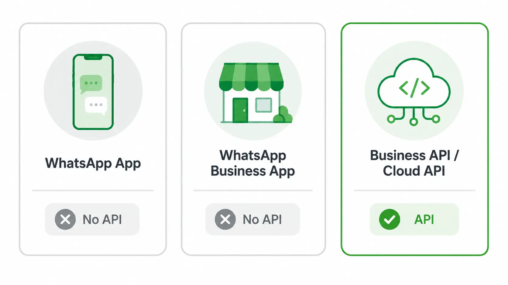 Three WhatsApp products compared: the WhatsApp App and WhatsApp Business App expose no developer API, while the Business API and Cloud API do